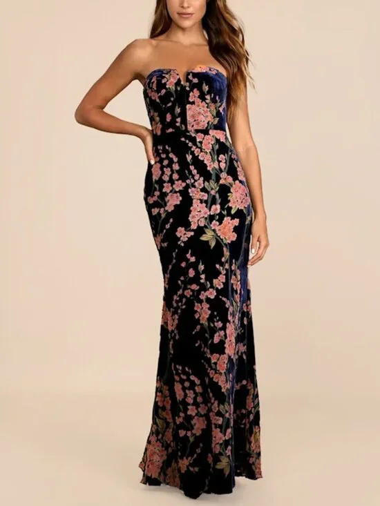 Lulus Bloom In Mind Navy Blue Floral Print Velvet Strapless Maxi Dress - Size XL - Picture 1 of 1
